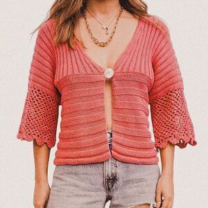 Vintage hot pink cable knit single button sweater electric preppy style S